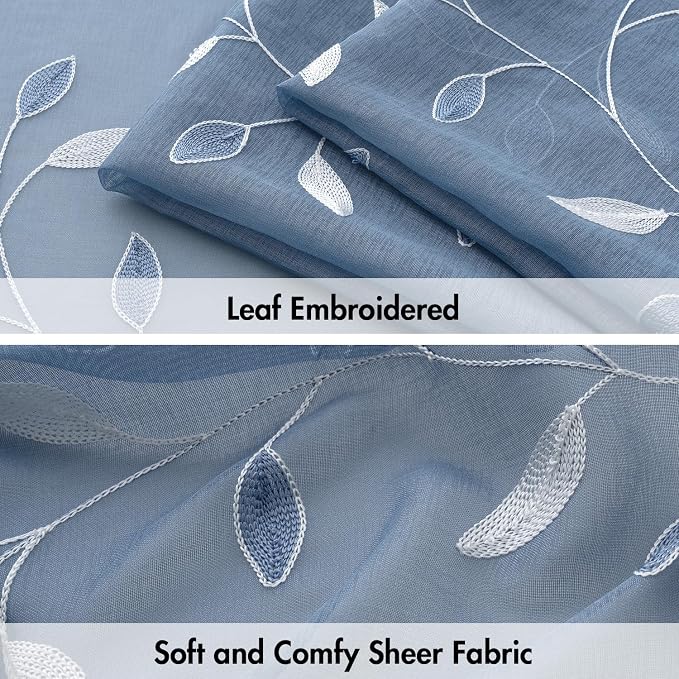 MIULEE Dusty Blue Sheer Curtains 2 Panels Leaf Patterned, W52 x L96 | - Image 4