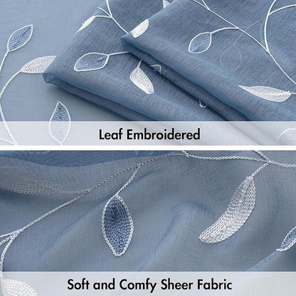 MIULEE Dusty Blue Sheer Curtains 2 Panels Leaf Patterned, W52 x L63 | - Image 4