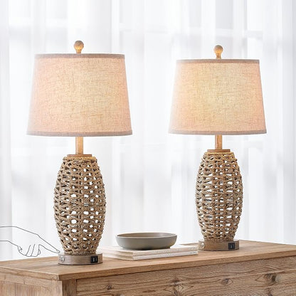 27” Natural Rattan Table Lamps Set of 2, Touch Switch, 3-Way Dimmable Bedside - Image 4