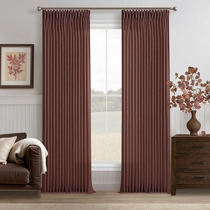 Pinch Pleat Linen Textured Reddish Brown Semi Sheer Curtains 120 Inch Long | by Twodrapes