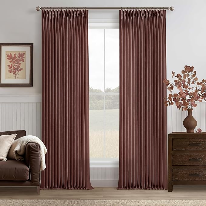 Pinch Pleated Rust Brown Linen Blend Semi Sheer Curtains 105 Inch Length | by Twodrapes