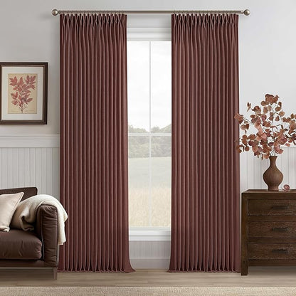 Pinch Pleated Rust Brown Linen Blend Semi Sheer Curtains 105 Inch Length | by Twodrapes