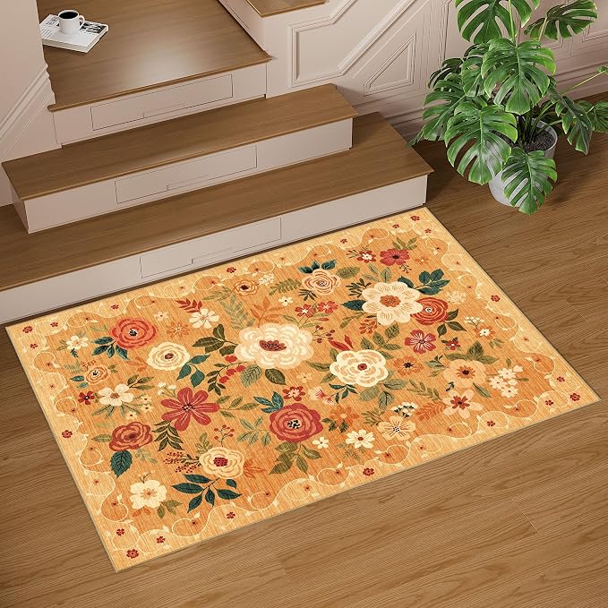 DUKINO 4x6 Area Rug, Floral Washable Rug Non Slip Office Chair Mat, Stain - Image 8