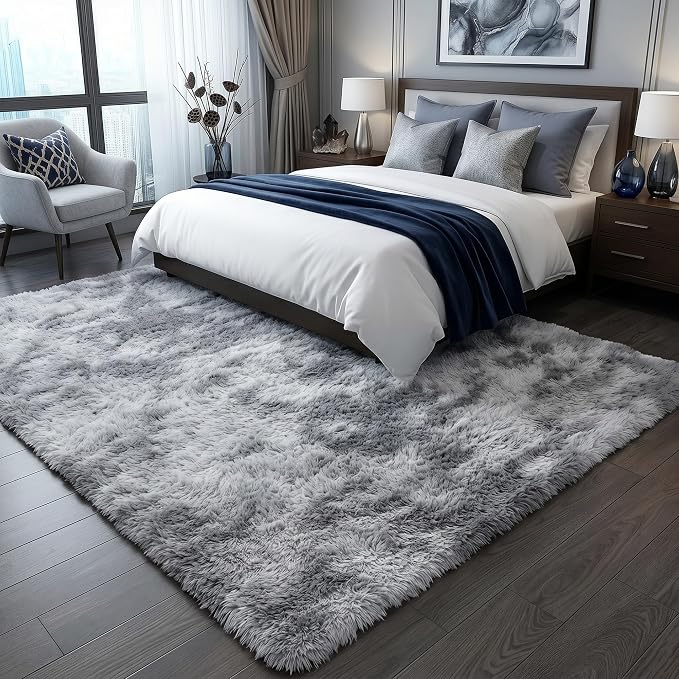 Area Rugs 9x12 Living Room, Tie-Dyed Light Grey Large Fluffy Bedroom Rug - Image 5