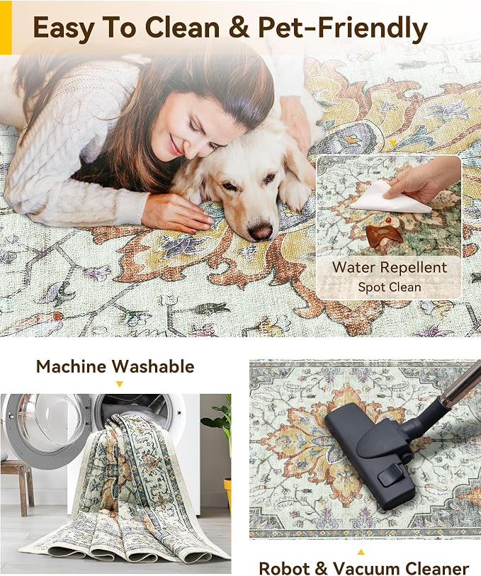 RELEANY Washable Area Rug, Water Repellent, Pet Friendly, Vintage Floral Boho - Image 4