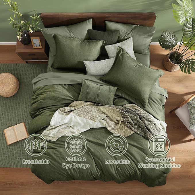 Monbix King Size Comforter Set, Olive Green King Bed Set Reversible, King Size - Image 2