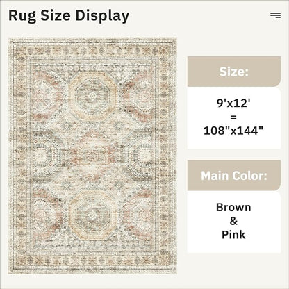 Soalmost 9x12 Area Rugs for Living Room Washable Rug Non-Slip Brown/Pink | - Image 3