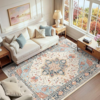 RELEANY Washable Area Rug, Water Repellent, Pet Friendly, Vintage Floral Boho by RELEANY