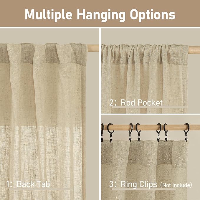 Natural Linen Blended Curtains for Living Room 2 Panels Semi Sheer | Light - Image 3