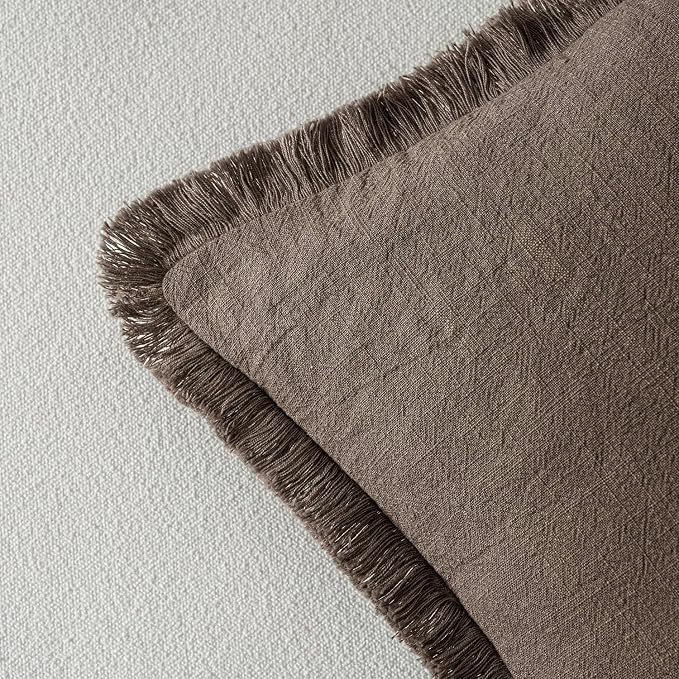 MIULEE Linen Fringe Decorative Fall Euro Throw Pillow Covers Coffee 22x22 | Set - Image 3