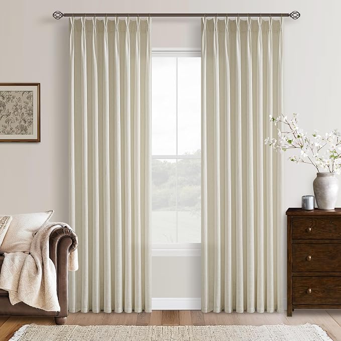 Tan Beige Memory Trained Semi Sheer Linen Pleated Curtains 80 Inches Long | 80 by Twodrapes