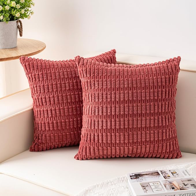 Pack of 2 Corduroy Decorative Throw Pillow Covers 24x24 Inch, Cranberry Red | by Unknown