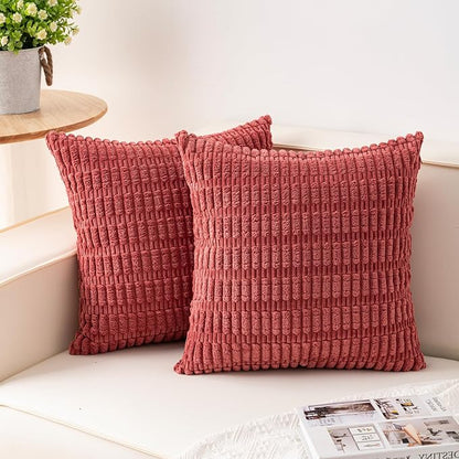 Pack of 2 Corduroy Decorative Throw Pillow Covers 18x18 Inch, Cranberry Red | by Unknown