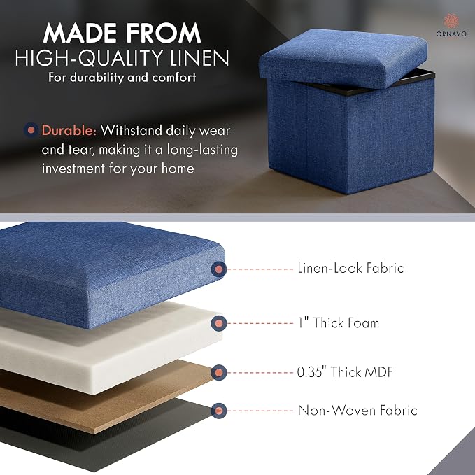 Ornavo Home Small Storage Ottoman Foldable Collapsible Cube Square Linen - Image 5