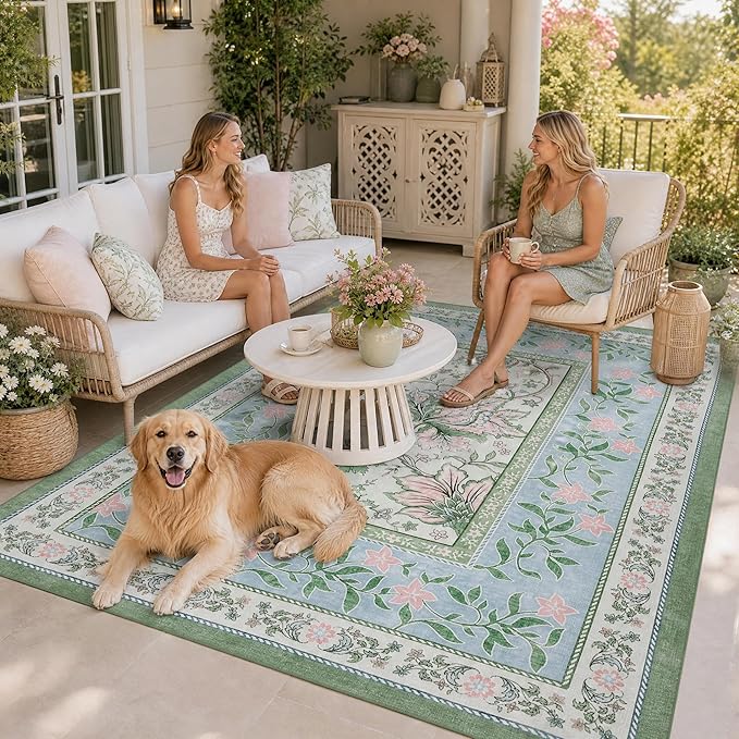 GarveeHome Blue Green Pink Washable 5x7 Area Rugs, Botanical Grove Vintage by GarveeHome