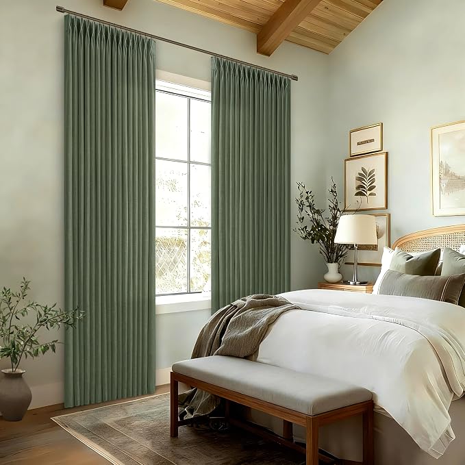 102 Inch Green Linen Blend Semi Sheer Pinch Pleat Memory Shape Curtains 50W | - Image 7