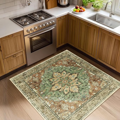 RELEANY Washable Area Rug, Square 4'x4', Brick/Brown/Green | Non-Slip, Water by RELEANY