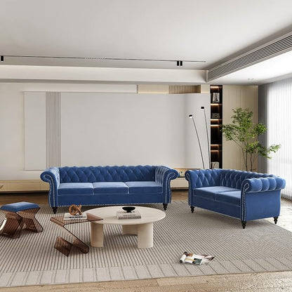 ORRD 2 Pieces Living Room Set, Velvet Couch Chesterfield Sofa Loveseat - Image 8