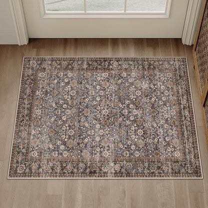 2x3 Brown Blue Vintage Floral Washable Area Rug - Image 3