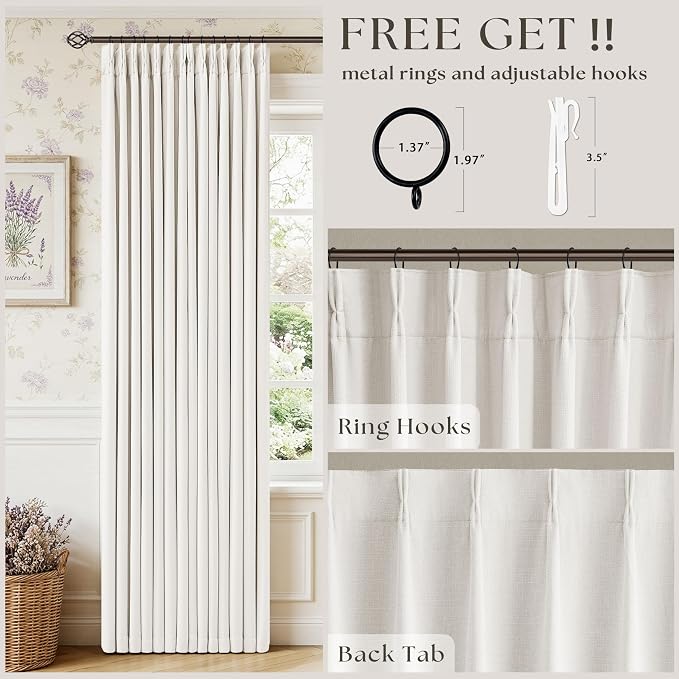 80 Inch Pinch Pleated Blackout Linen Bedroom Curtains Ivory White | Memory - Image 4