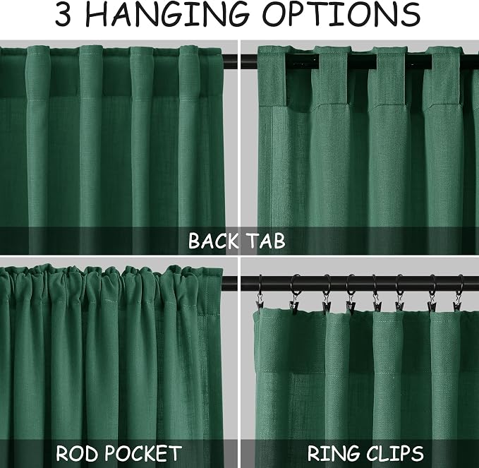 Dark Green Linen Curtains for Living Room 63 Inches Long 2 Panel Set Light - Image 2