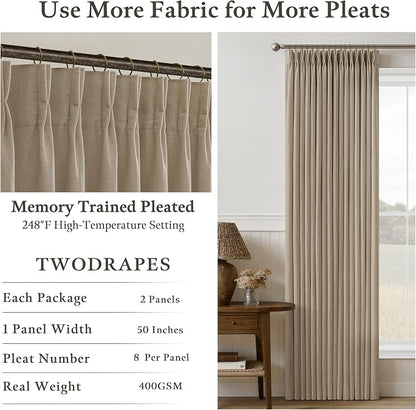 Pinch Pleated 90 Inch Camel Beige Light Filtering Linen Curtains W50xL90 | 90 - Image 4