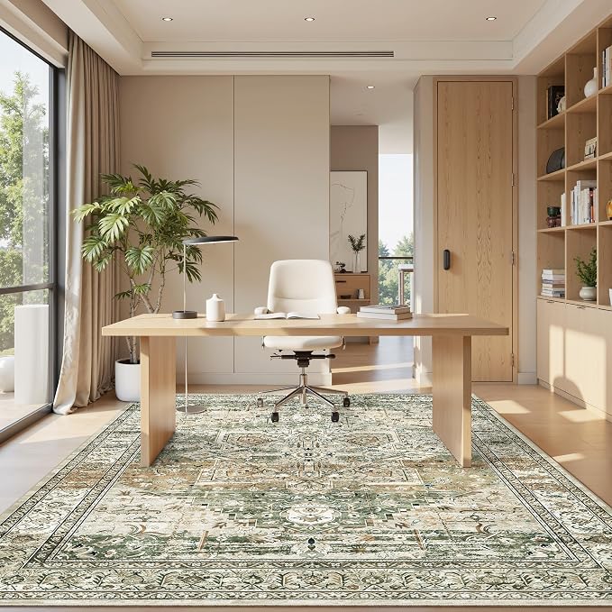 Soalmost 5x7 Area Rug Low Pile Washable Trendy Faded Style Rug, Olive Beige | - Image 3