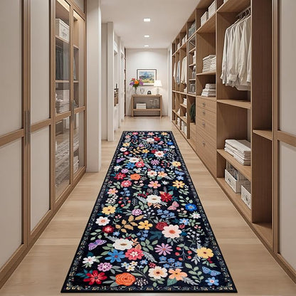 PLHXFR 3x10 Washable Runner Rug：Floral Indoor Kitchen Soft Carpet Black | - Image 5