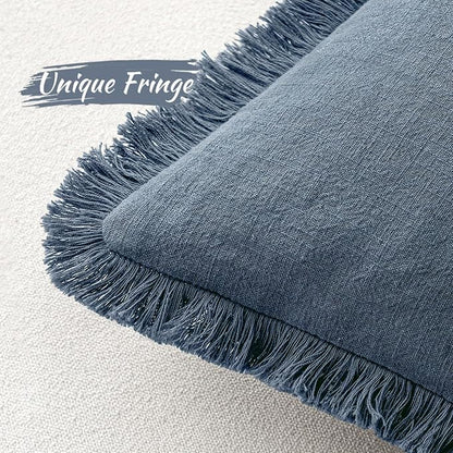 MIULEE Linen Fringe Decorative Euro Throw Pillow Covers Blue Ashes 28x28 | Set - Image 4