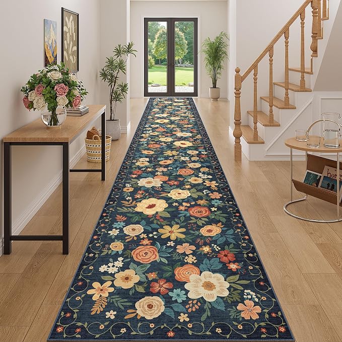 DUKINO 3x20 Runner Rug for Hallway, Floral Washable Runner Rug, Low Pile by DUKINO