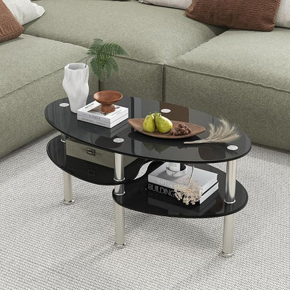 Tangkula Glass Coffee Table, 2-Tier Modern Oval Smooth Glass Tea Table End Table - Image 4