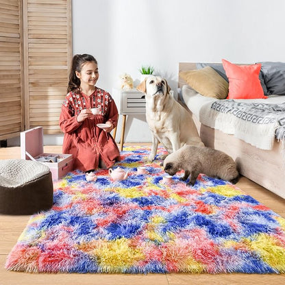 5x7 Tie-Dyed Blue Red Yellow Fluffy Soft Area Rug Non-Slip - Image 3