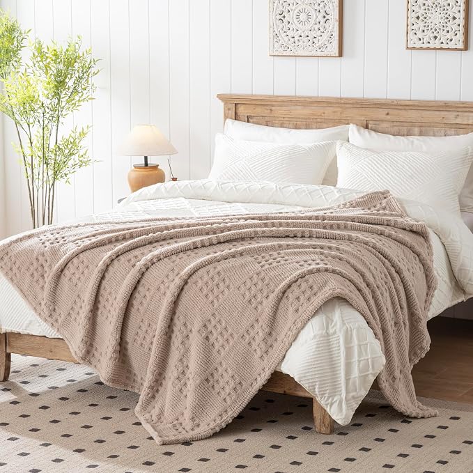 60x80 Inch Waffle Brown Twin Blanket -Fluffy Fleece, Neutral Tan Color - Image 2