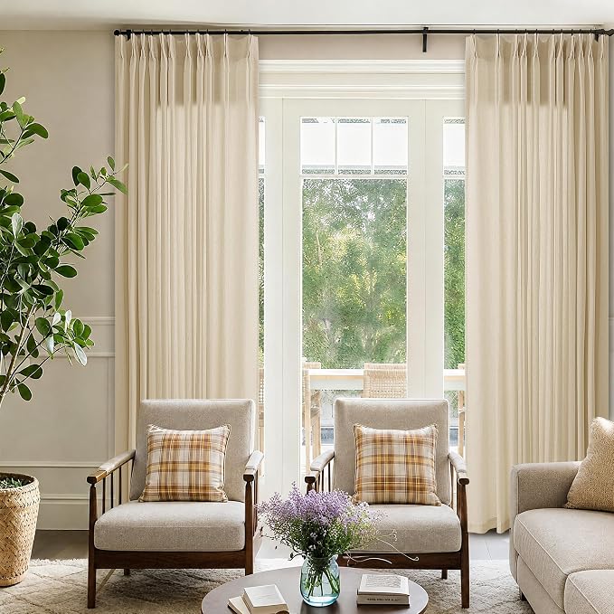 Pinch Pleat 72 x 96 Inch Linen Curtains Extra Wide Beige Semi Sheer | Neutral by DUKIYO