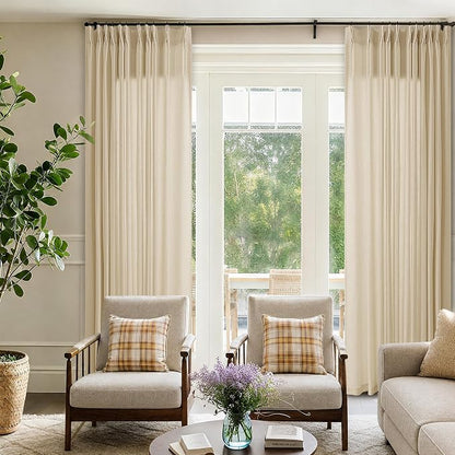 Pinch Pleat 72 x 96 Inch Linen Curtains Extra Wide Beige Semi Sheer | Neutral by DUKIYO