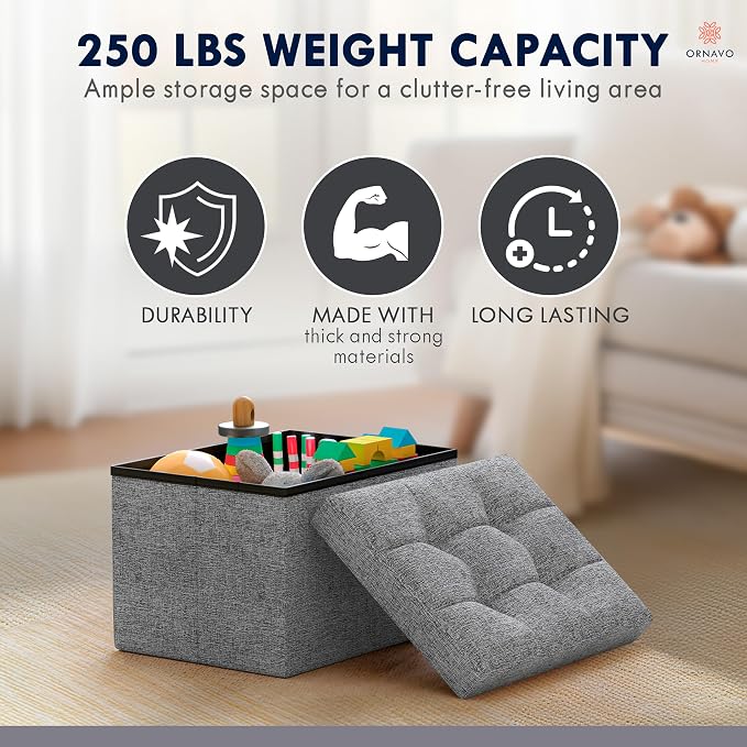 Ornavo Home Small Storage Ottoman, Foldable Collapsible Rectangle Linen Ottoman - Image 7