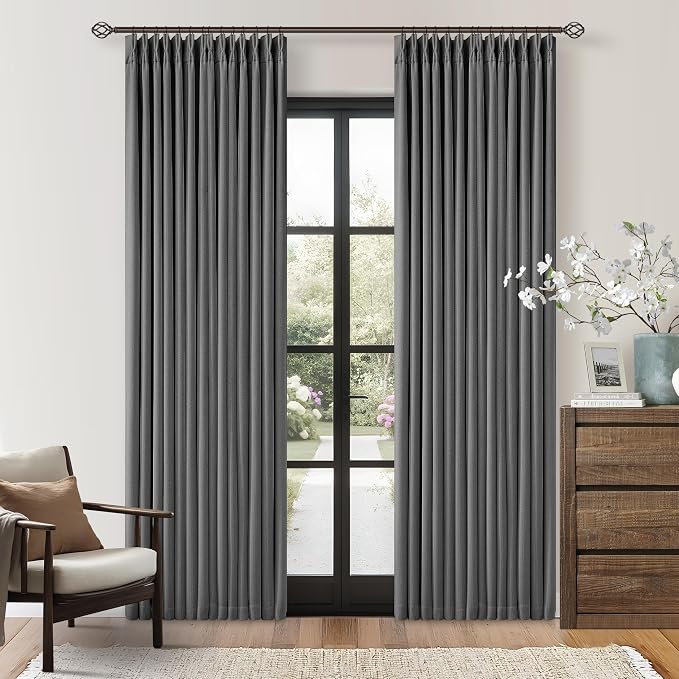 Dark Grey Pleated Thick Linen Blackout Curtains 80 Inches Long by Twodrapes