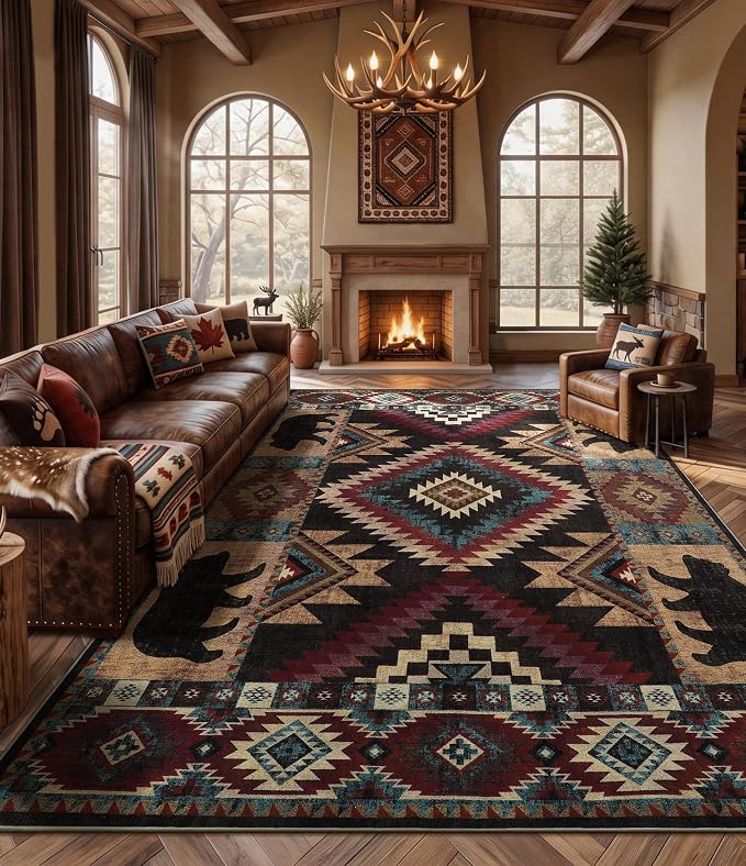 Rustic Cabin Area Rug 10x14, Lodge Wildlife Bear Washable Large Area Rug - Image 5