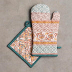 Maison d' Hermine 100% Cotton Oven Mitt & Pot Holder Set (7.5"x13" & 8"x8") Heat Resistant BBQ Cooking Gloves with Loop, Baking, Grilling, Kitchen, Handling Hot Pans (Nila)