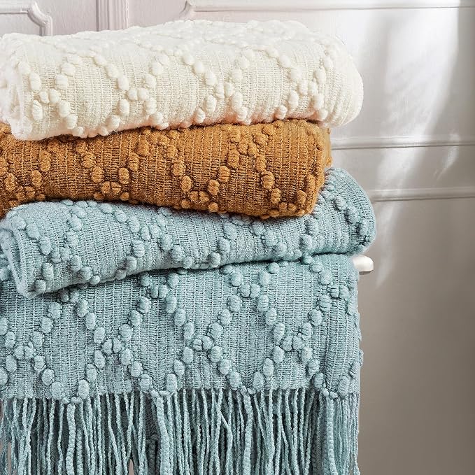 BOURINA Aqua Throw Blanket 50 x70 Inches Jacquard Argyle Throw Textured Solid - Image 7