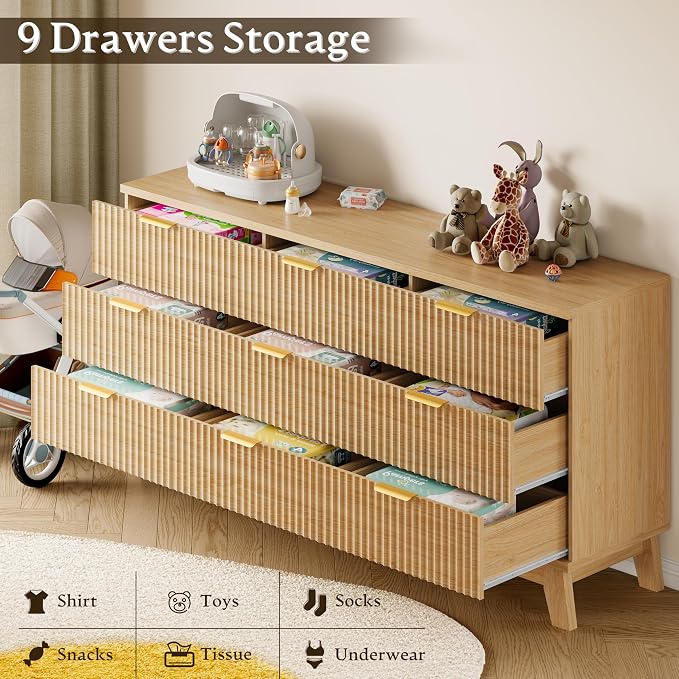 BORNOON Fluted 9 Drawer Dresser, 57.1" Wide Modern Boho Chest of Drawers - Image 6