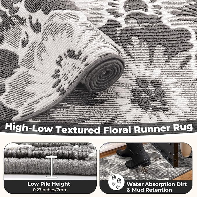 Findosom Hallway Runner Rug 2x8, Non Slip High-Low Textured Floral Washable - Image 5