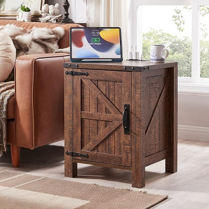 OKD Nightstand w/Charging Station, 18 Inch Farmhouse End Table w/Barn Door and by OKD