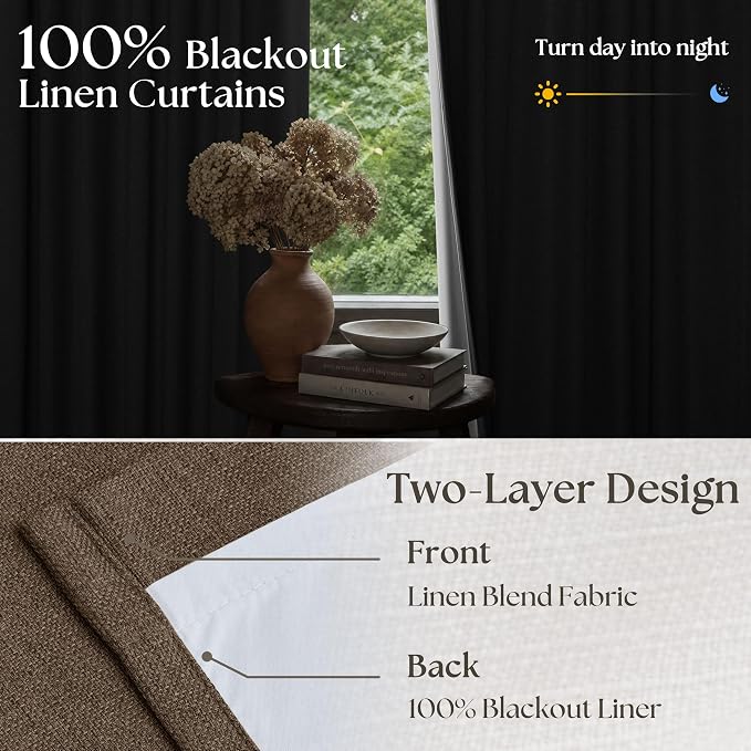 120 Inch Pinch Pleat Brown 100% Blackout Thick Linen Curtains - Image 5