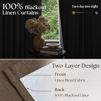120 Inch Pinch Pleat Brown 100% Blackout Thick Linen Curtains - Image 5