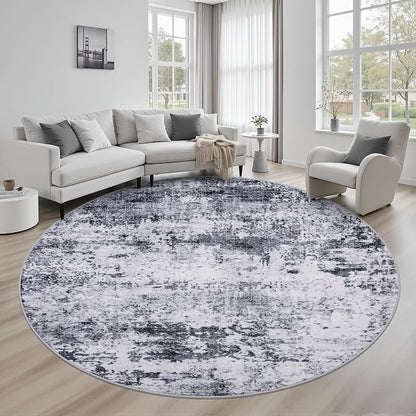 Round Area Rug Living Room: 6 ft Modern Washable Carpet Grey | by FXRHLP