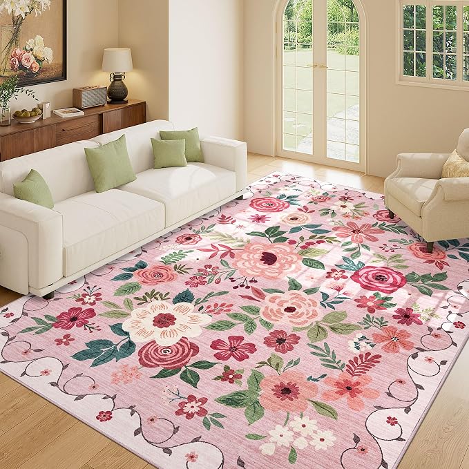 DUKINO 8x10 Area Rugs, Floral Washable Living Room Rug Non Slip, Stain Resistant - Image 4