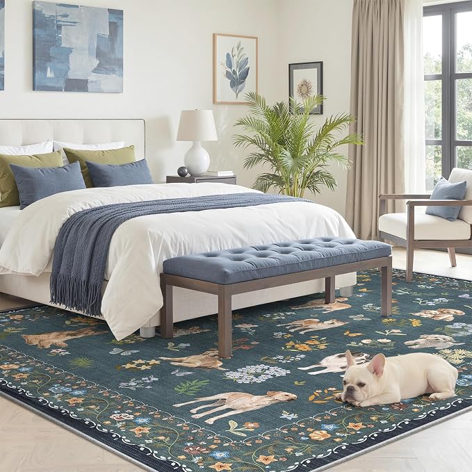 Soalmost Dog 6x9 Area Rugs for Living Room, Washable Soft Rug Navy Blue | - Image 3