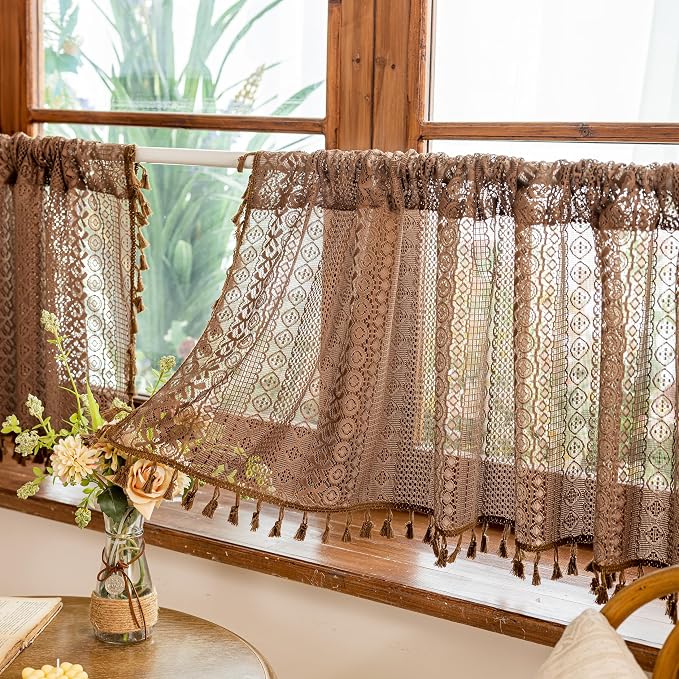 Sutuo Home Dark Coffee Boho Short Curtains Valance - Image 8