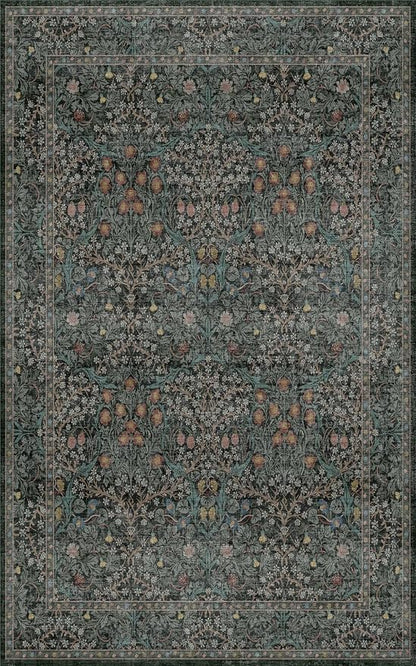 Washable Vintage 5x8 Living Room Rug, Dark Green Floral Area Rug - Image 3